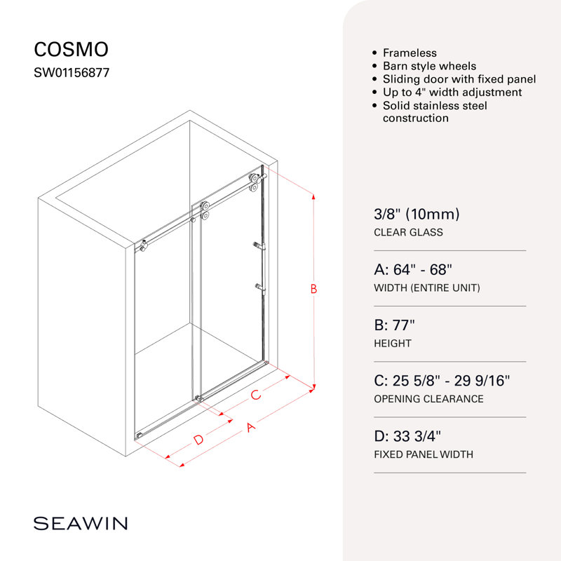  Cosmo 64 - Porte de douche coulissante sans cadre 68 x 77 po en verre trempé transparent 3/8 po, Noir mat