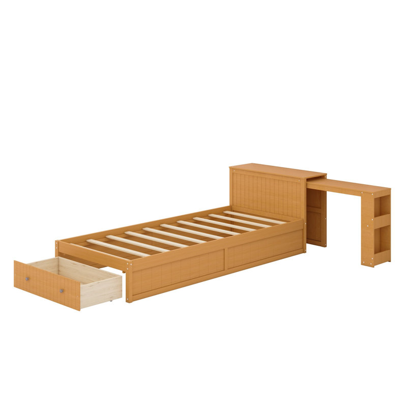 Le lit plateforme avec bureau et rangement intégrés présente un style moderne avec de larges tablettes de tête de lit, Noyer