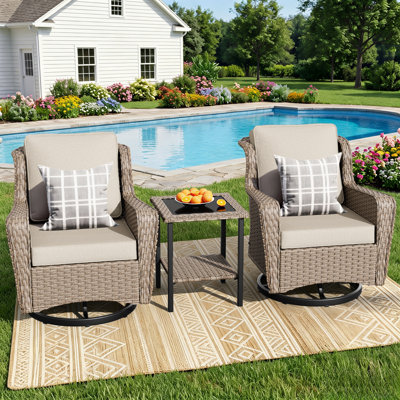 3-Piece Outdoor Wicker 360° Swivel Patio Chair Set with Beige Cushions & Side Table