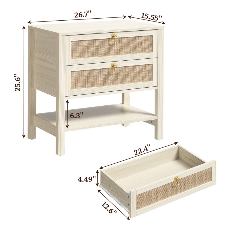 Pomodoro Rattan Nightstand With 2-Drawer And 1 Open Shelf, White