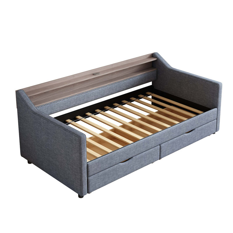 Lit de jour simple avec 2 tiroirs de rangement et tablette à 2 niveaux et / port USB / Type-C, structure de lit de jour rembourrée en lin moderne avec lumière DEL intelligente