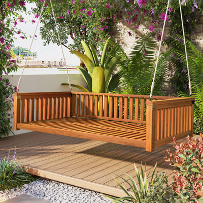 Patio Minimalist Twin Garden Swing Bed Wood Porch Swing With Ropes For Backyard