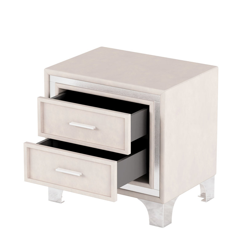 Table de chevet de chambre à coucher avec pieds en métal et 2 tiroirs en velours beige - Design rétro Mid-Century, peu encombrant, accessoire