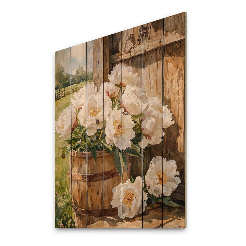 Fermes de pivoines de ferme dans la plaine de chèvre II - Décoration murale en bois de pivoines - sur bois de pin naturel