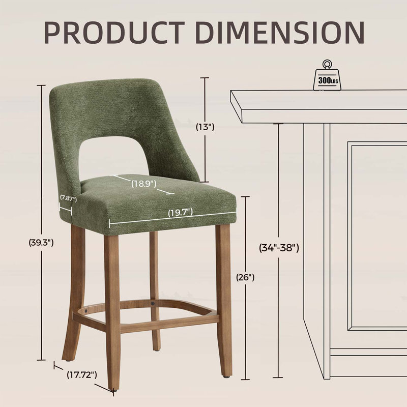 Ensemble de 2 tabourets de bar élégants et rembourrés verts, hauteur de comptoir moderne avec pieds en bois pour la cuisine et la salle à manger, confortables et élégants