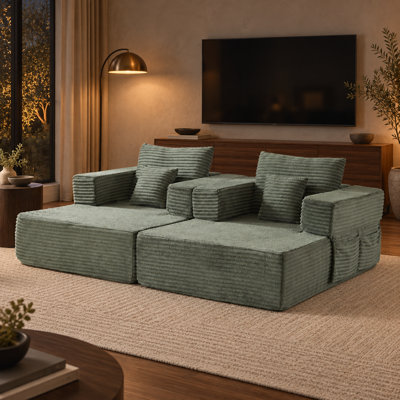 Canapé modulaire en velours côtelé 2-en-1 de 91,3 po avec accoudoirs amovibles, poches de rangement et 2 coussins Virelquessa