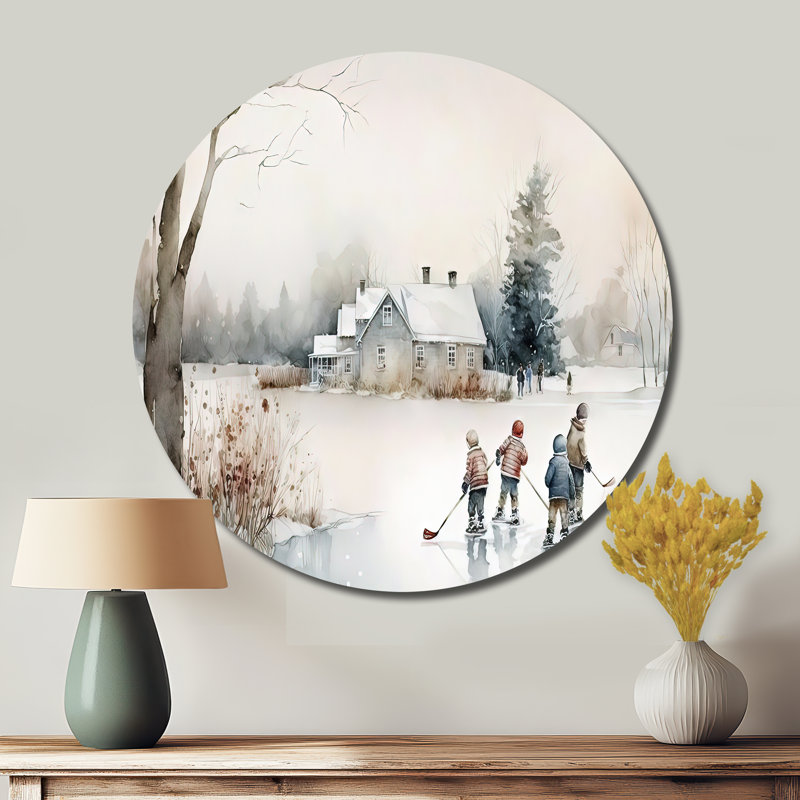 Enfants jouant au hockey en hiver II - Art rond en métal, H 36 po x l 36 po