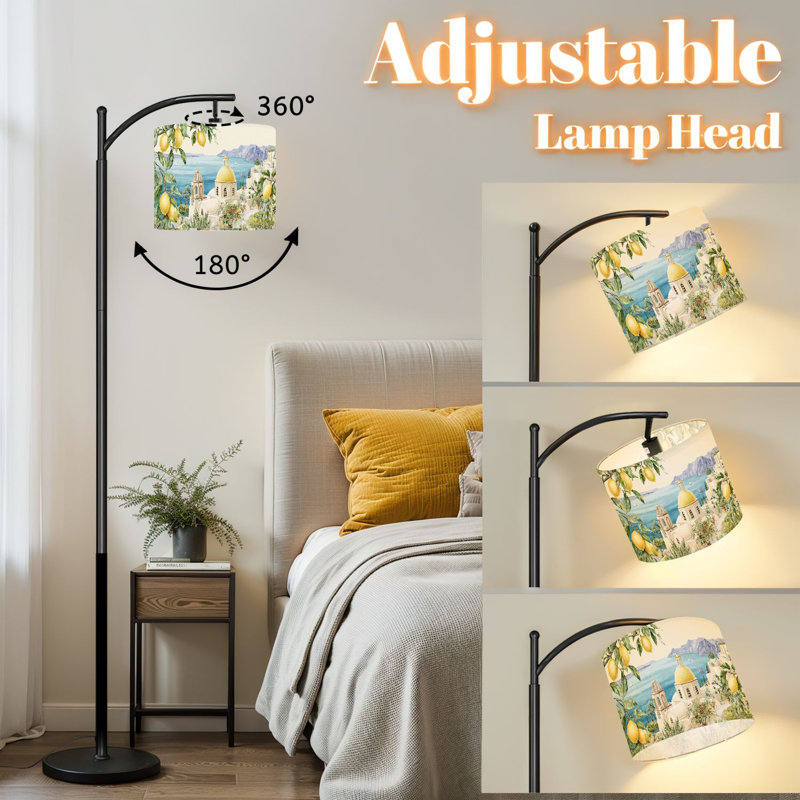 Arc Floor Lamp with Adjustable Lampshade Yellow Lemon Tree Boho Botanical Modern Coastal Landscape Rustic Still Standing Lamp 3 Color Temperatures Dimmable Tall Pole Lamp with Foot Switch for Bedroom