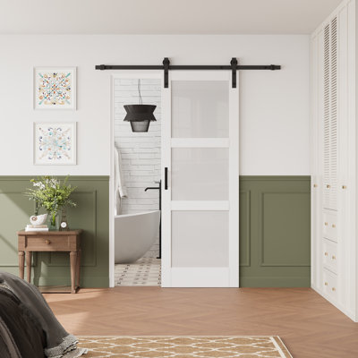 84"H Frosted Glass Sliding Barn Door – MDF & Solid Wood 3-Lite Interior Closet Door with Installation Hardware Kit