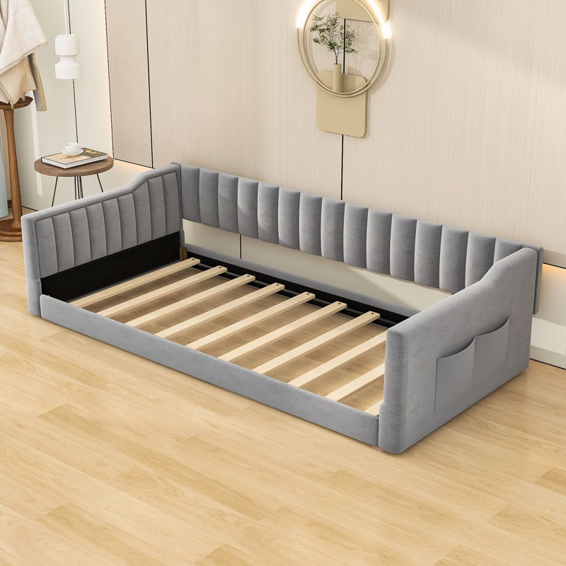 Upholstery Daybed with Storage pocket, Gray, Extra-long Twin