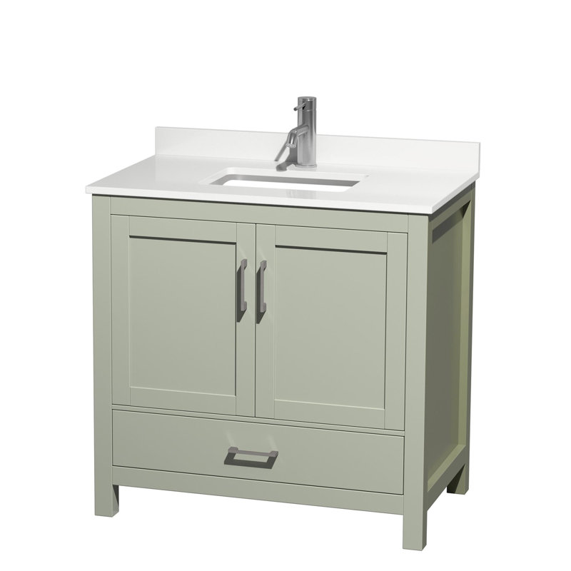 Sheffield 36" Freestanding Single Bathroom Vanity with Quartz Top, Green, Brushed Nickel, White Quartz