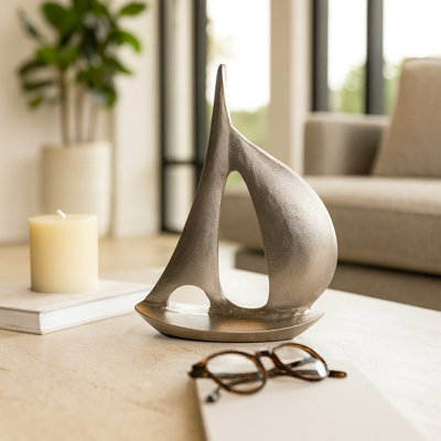 Modern Decorative Metal Sailboat Sculpture For Decoratins For Living Room - Nautical Decorative Objects And Figurine Statues For Home Decor Accent - 18", Silver