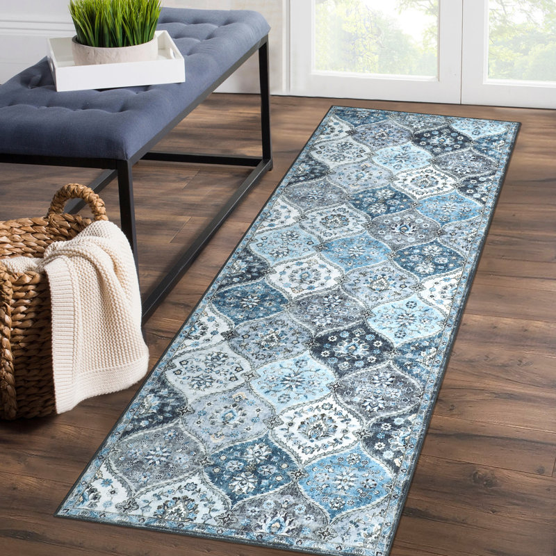 Washable Rug Vintage Distressed Rugs Non-Slip Stain Resistant Area Rug Floor Cover for Bedroom Living Room, Blue