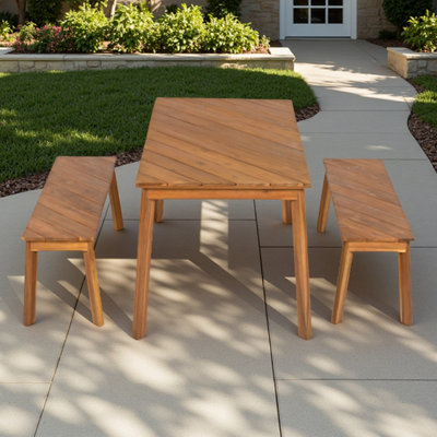 3-Piece Acacia Wood Picnic Dining Table Set With 2 Benches, Indoor Outdoor Patio Furniture, Rustic Picnic Beer Garden Table For Backyard, Porch, Garden, Poolside, Natural Finish