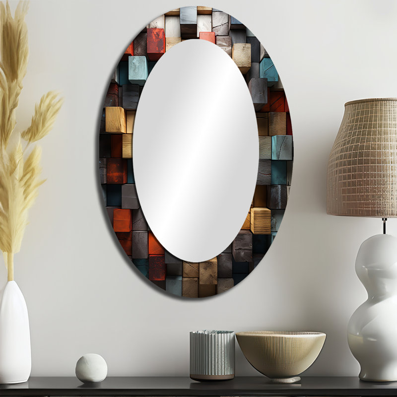 Bleu et rouge abstrait cubes IV - miroir mural ovale moderne multicolore, H 36 po x l 24 po