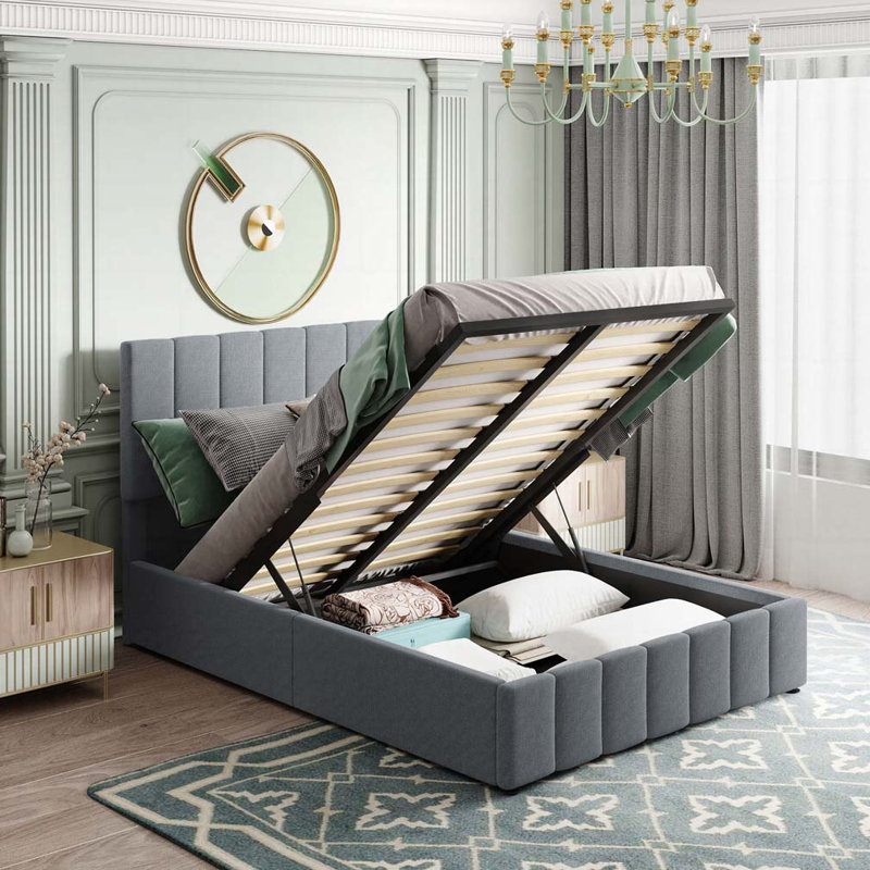 Upholstered Platform bed with a Hydraulic Storage System, Beige, Full