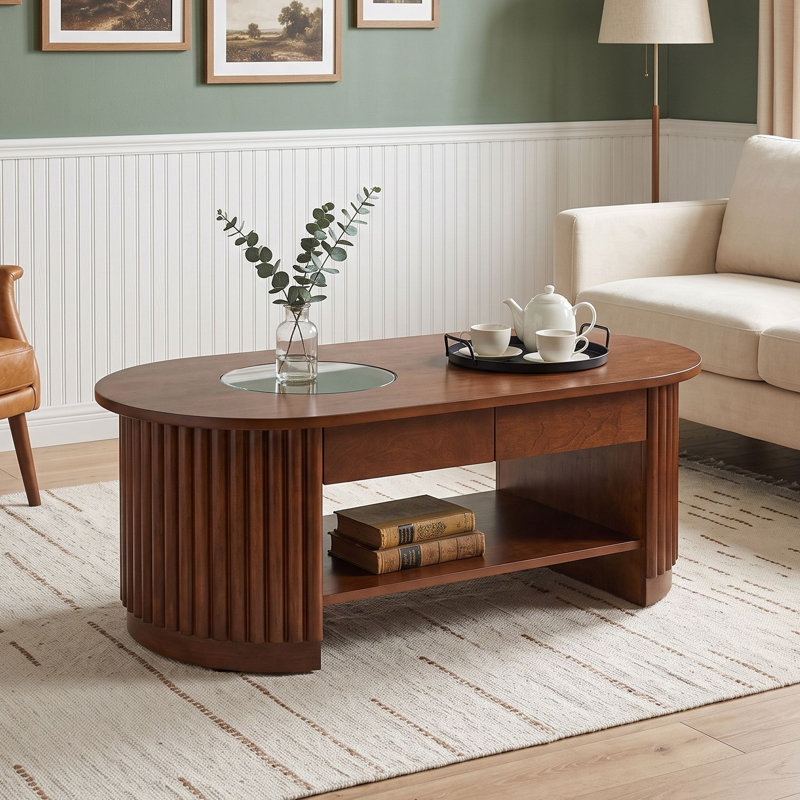Table basse Mid-Century moderne cannelée ovale avec plateau en verre trempé, tiroirs et tablette, Brun