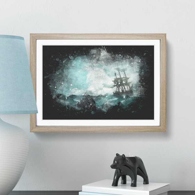 Pirate Ship Sailing Upon A Stormy Sea - Single Picture Frame Print on MDF, 62cm H x 87cm W x 2cm D, Oak Framed