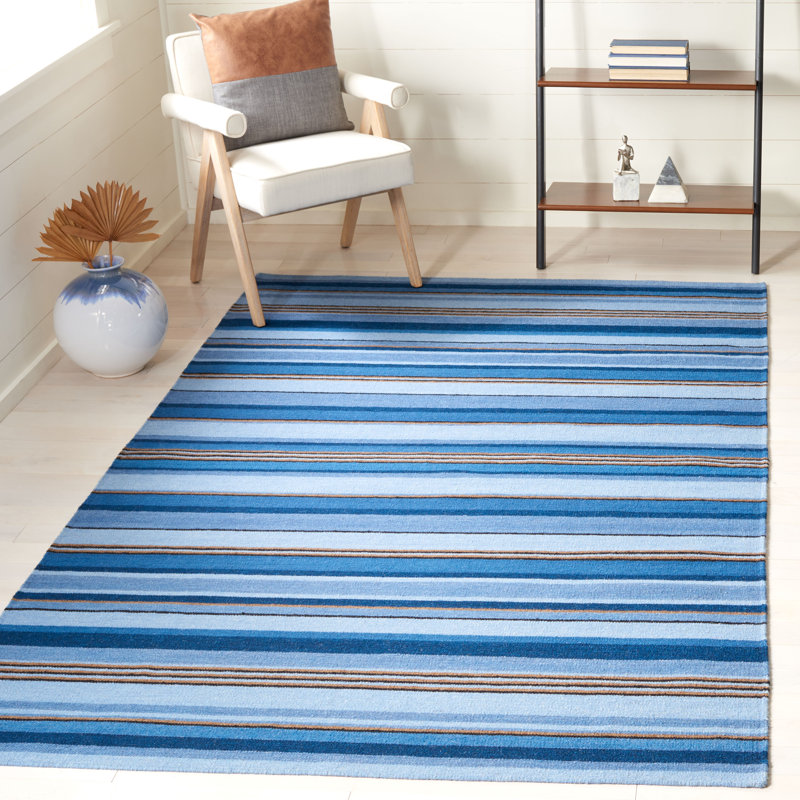 Georgeanna Hand Loomed Wool/Cotton Striped Rug in Blue, Rectangle 5' x 8'