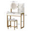 Bureau de meuble-lavabo avec miroir à DEL, éclairage réglable, prise de courant, tiroir, tablettes ouvertes et tabouret, petit contrôle tactile blanc doré