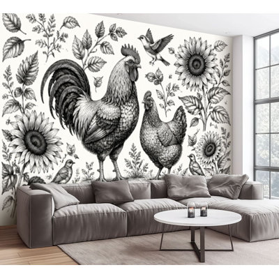 Wall Mural Peel and Stick Wallpaper Seamless Chicken rooster hen sunflowers Decorative Domestic bird Farm Self-Adhesive Removable Contact Paper Wall Decor for Living Room Bedroom 100"H x 144"W