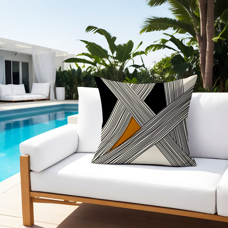 Cassie Abstract Outdoor Reversible Throw Pillow, 15"H x 15"W, Orange/Cream/Black