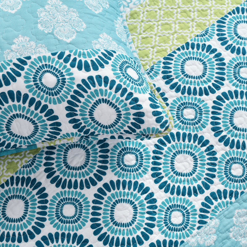 Bohemian 100% Cotton Reversible 3-Piece Quilt Set, Full/Queen Quilt + 2 Standard Shams, Blue/Green Geometric