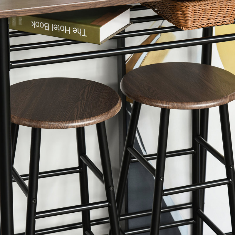 3 pièces, table et chaises à hauteur de comptoir, conception peu encombrante, étagère de rangement et repose-pieds, chaises de bar noires, fabrication robuste, tablette, construction robuste
