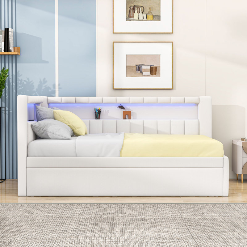 Tynise Twin Upholstered Daybed with USB Ports, LED Lighting and Twin Trundle, White