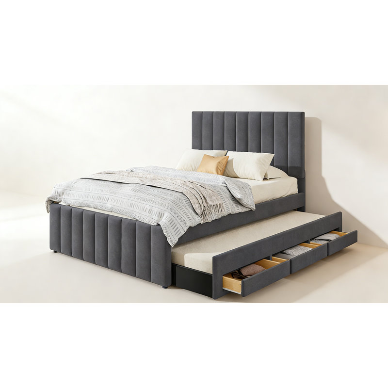 Lit plateforme tapissier double avec lit gigogne simple et 3 tiroirs, tissu en lin, Gris