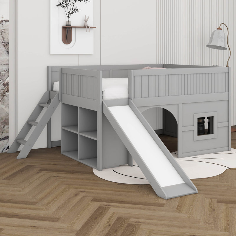 Full Size Low Loft Bed With Slide And Storage Shelves, Wood Castle House Bed With Slide, Ladder And Guardrails, Gray