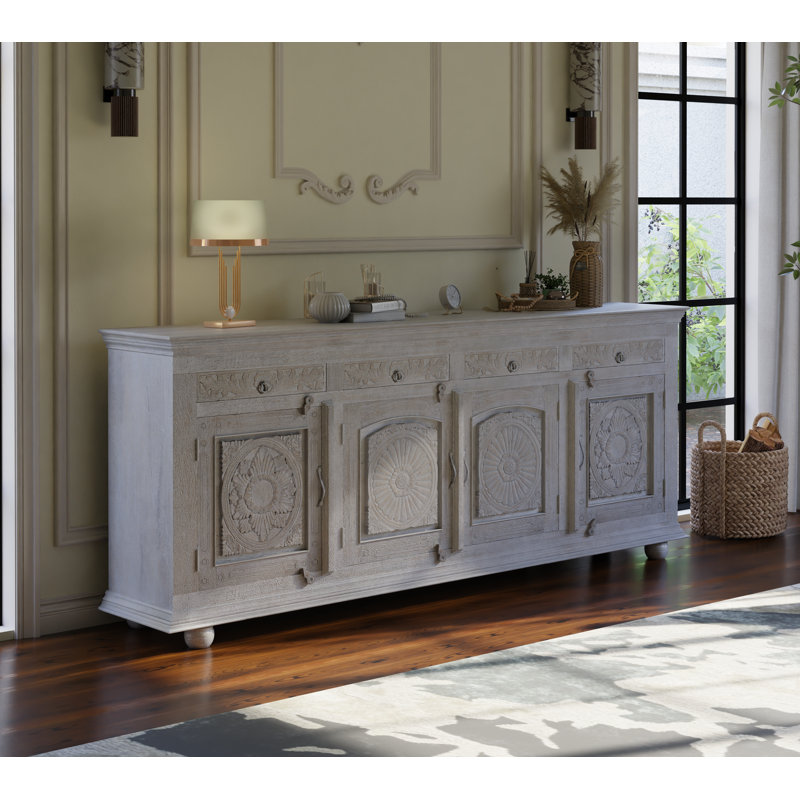 Buffet en bois massif sculpté Harleen, Gris, L 102 po