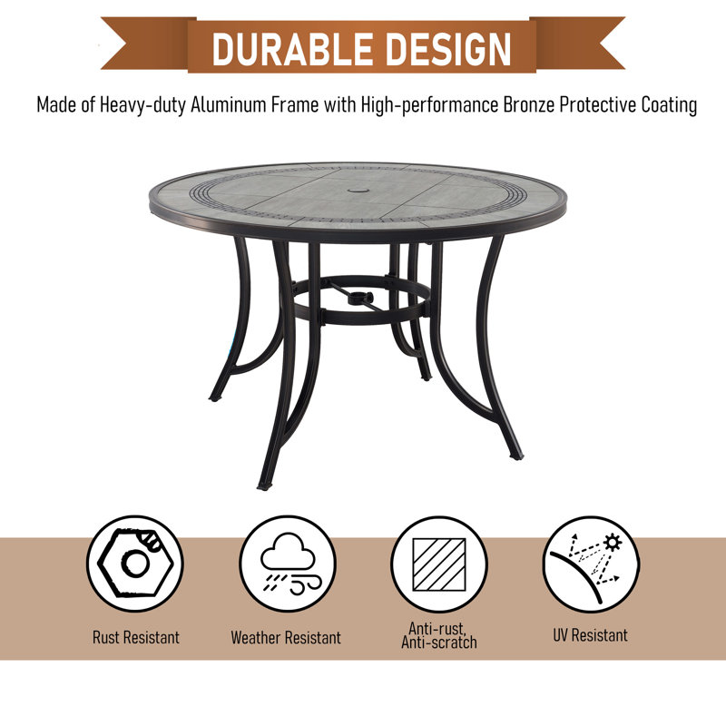 Ashim 48 inch W Aluminum Ceramic Tile Top Round Dining Table with Umbrella Hole