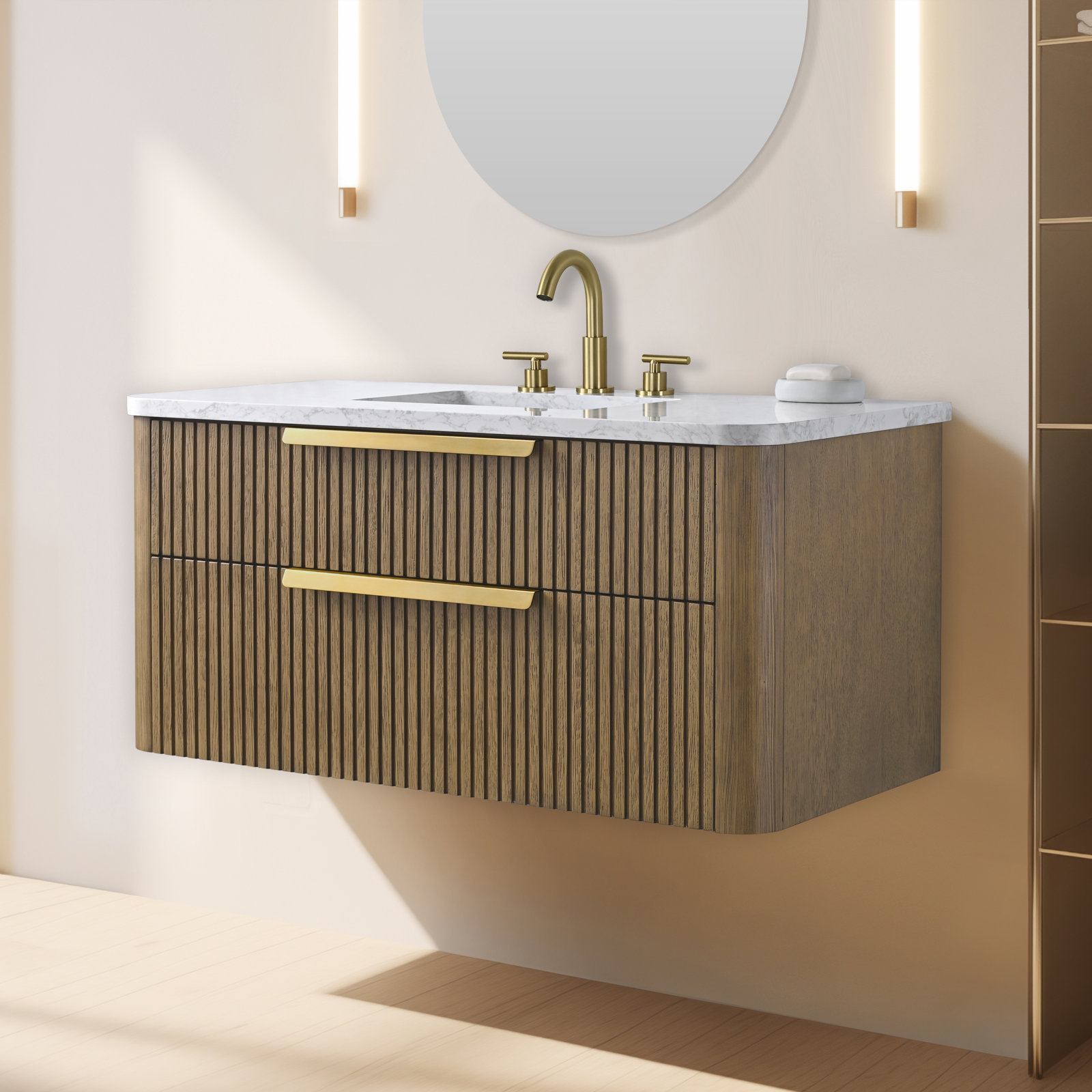 Liljan 42" Oak Single Bathroom Vanity, Aged Oak/Brushed Bronze