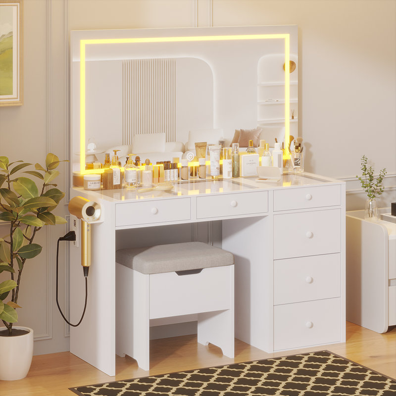 Ensemble coiffeuse avec tabouret et miroir Maspeth