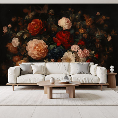 Modern Peel and Stick Wallpaper Vibrant Floral Bouquet Red Mixed Blooms Wall Murals 69"H x 96"W Removable PVC Wall Paper Self-Adhesive Wall Decor for Bedroom Living Room