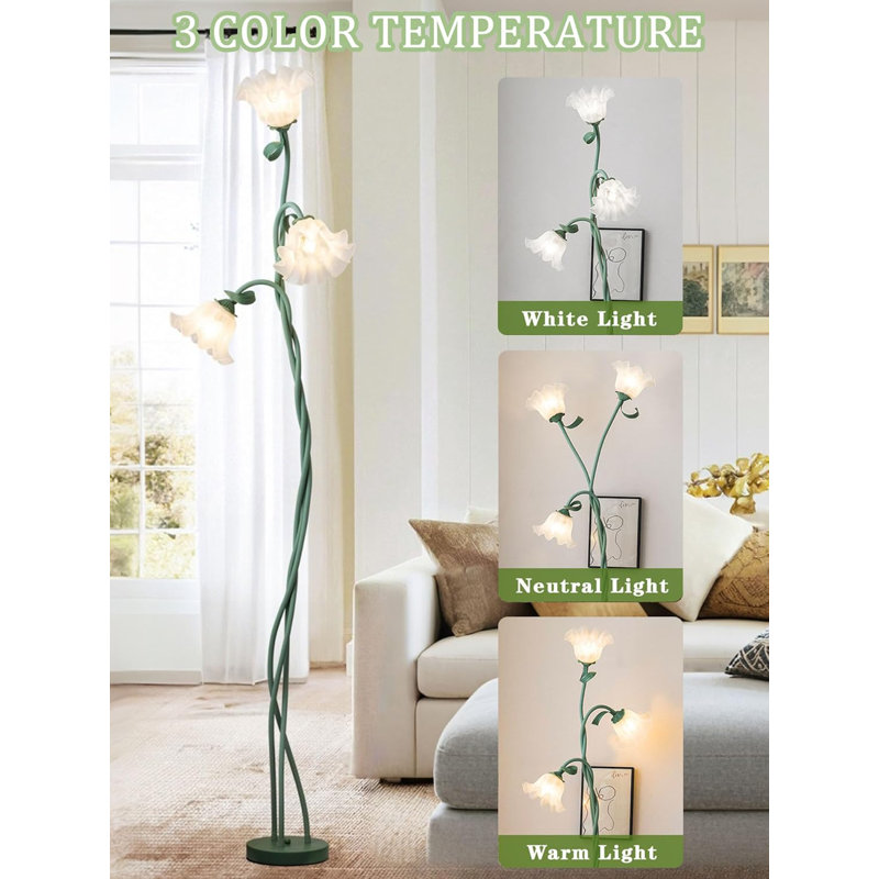 Lily Of The Valley Inspired 3-Head LED Floor Lamp With Flexible Gooseneck, 3 Color Modes For Bedroom Office