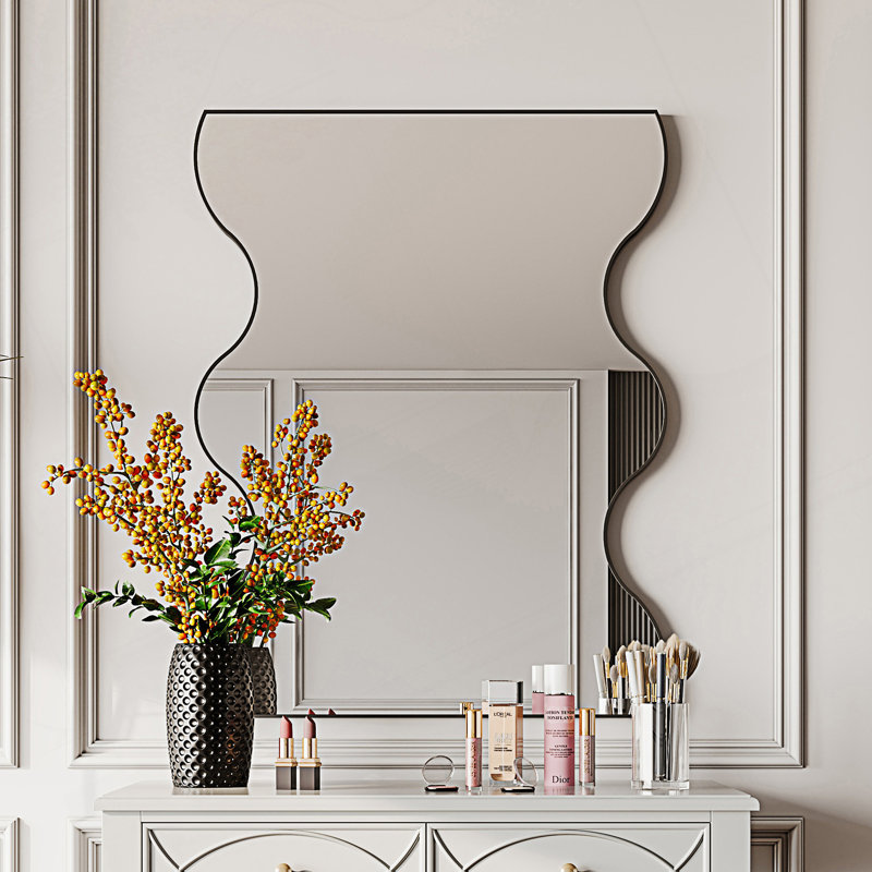 Miroir mural 30 po x 35 po rectangulaire avec 2 côtés ondulés, Noir