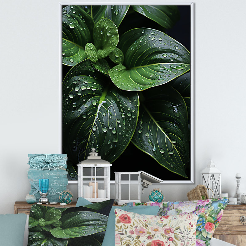 Raindrop Over Green Leafs - Floral & Botanical Canvas Prints, H 20 po x l 12 po x P 1 po, Cadre flottant blanc