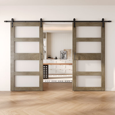 Homacer Classic Gray Double 48in x 84in 4-Lite Glass Design Unassembled & Finished Barn Doors with Non-Bypass Installation Hardware Kit, 18ft track, interior use only