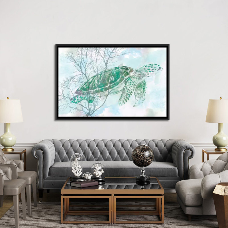 « aquarelle sea turtle i », impression sur toile, H 40 po x l 60 po x P 1,5 po, Toile avec cadre noir, Pas de tapis