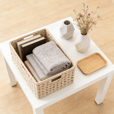 Paniers de rangement en osier avec poignées, bacs de rangement tissés imperméables pour tablettes, conception en rotin de plastique durable pour garde-manger, salle de bain et décoration intérieure