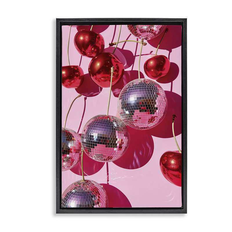 Cadre flottant Cherry Disco Fruits, design par LSR Design Studio, H 25 po x l 17 po, Cadre flottant noir de jais