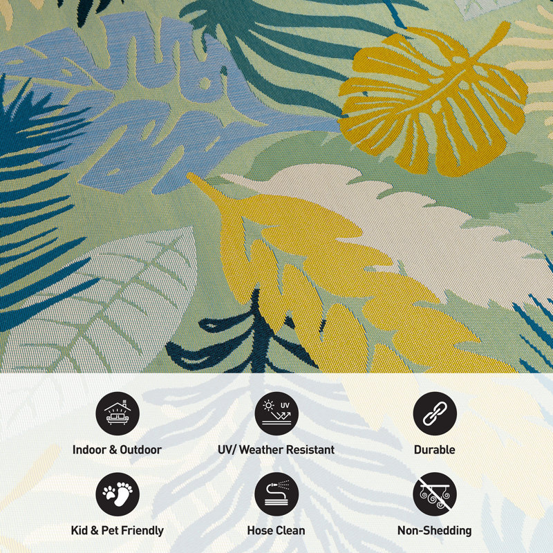 Coastal Tropical Leaf Indoor/Outdoor Patio Area Rug, Blue And Yellow Botanical Design, Rectangle 7'10" x 10'6"