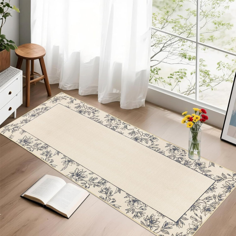2x6 Washable Modern Bordered Hallway Rug, Non-Slip Low Pile Abstract Floral Runner for Kitchen, Laundry, Entryway, Linen