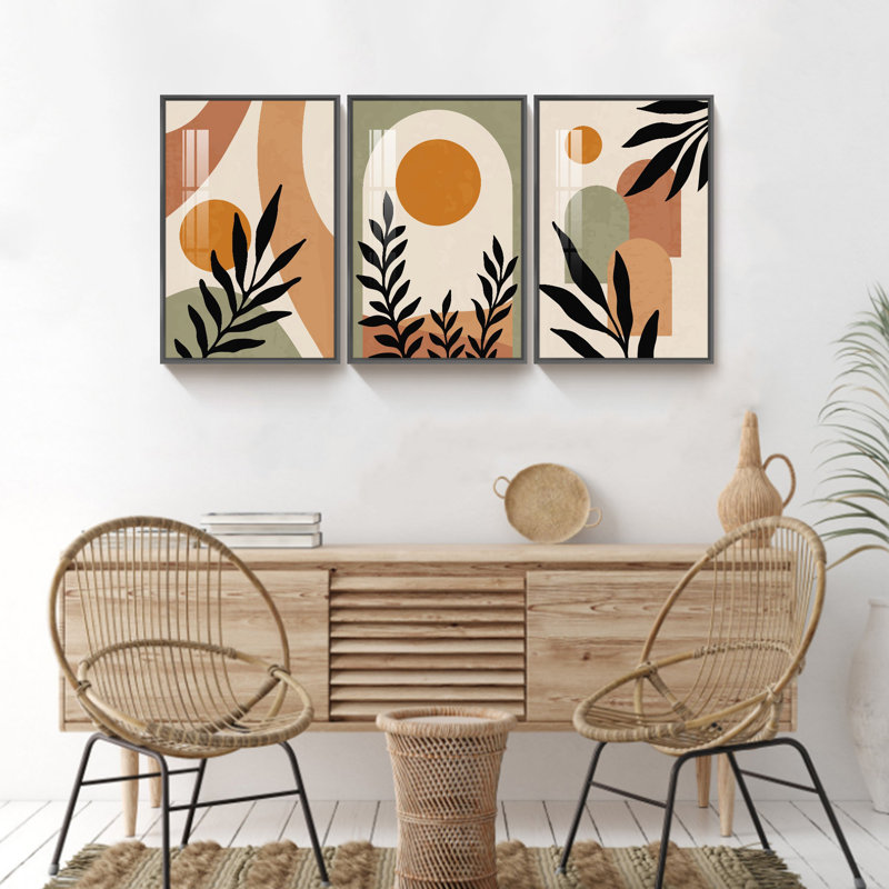 Boho, œuvre d'art encadrée sur toile, 3 pièces, Noir, H 24 po x l 48 po x P 1,34 po