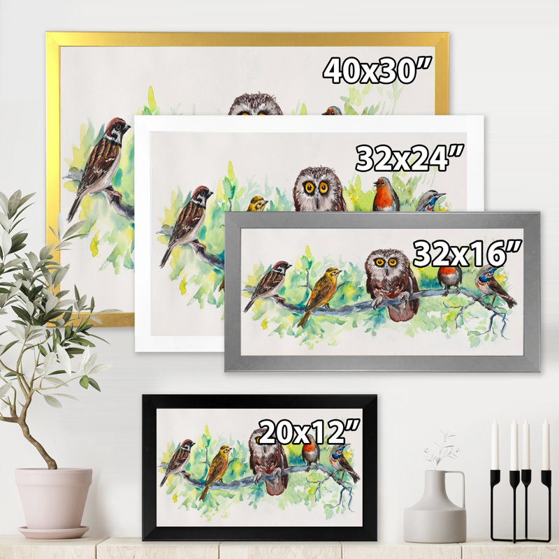 Hibou sur une branche avec des amis oiseaux - Peinture sur toile, H 16 po x l 32 po x P 1,5 po, Toile blanche encadrée