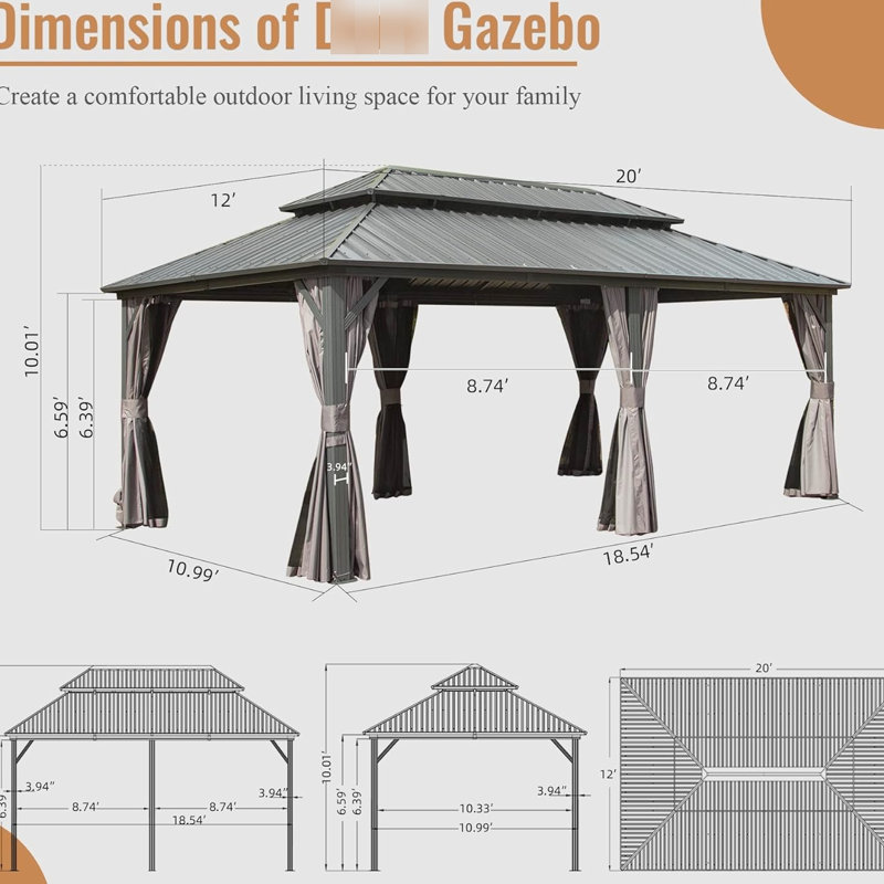 Pavillon de jardin 12 pi x 20 pi, aluminium, acier galvanisé, double toit, rideau pour matériaux de pelouse, salle à manger de jardin