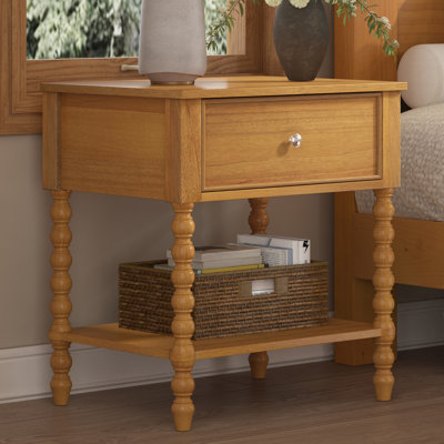 24'' Turned Solid Wood Spindle Nightstand with Drawer&Open Shelf,Natural