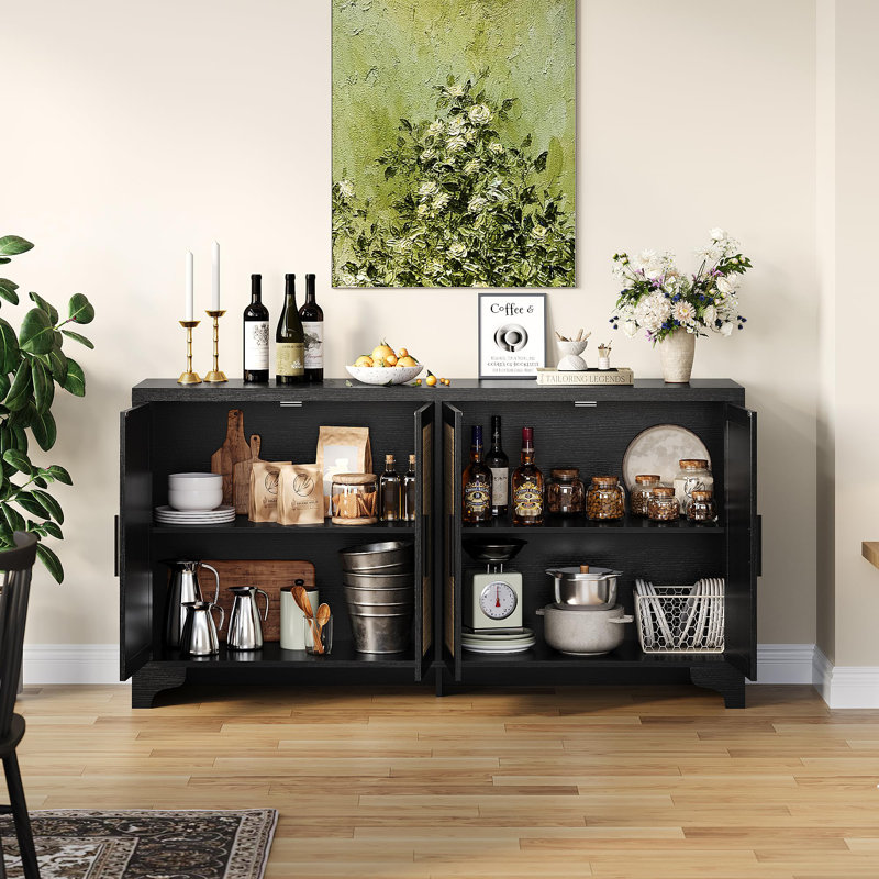 Armoire de rangement en rotin avec 4 portes, buffet Buffet avec tablettes Boho, console de meuble télé, Noir